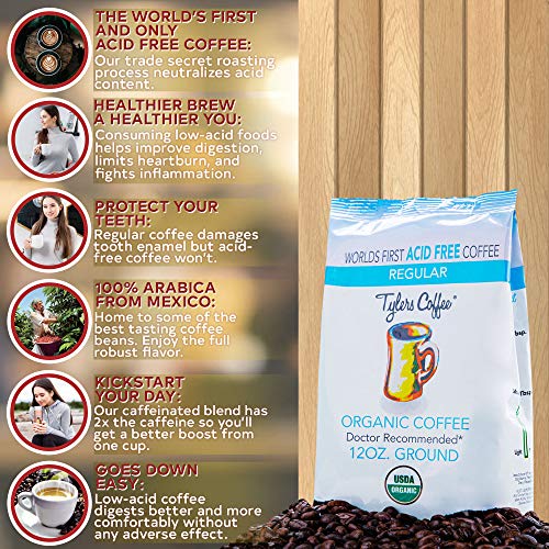 Tyler’s No Acid Organic Ground Coffee - 100% Arabica Full Flavor - Neutral Ph - No Bitter Aftertaste - Gentle On Digestion, Reduce Acid Reflux - Protect Teeth Enamel - For No Acid Diets - 12 Oz #TOP3