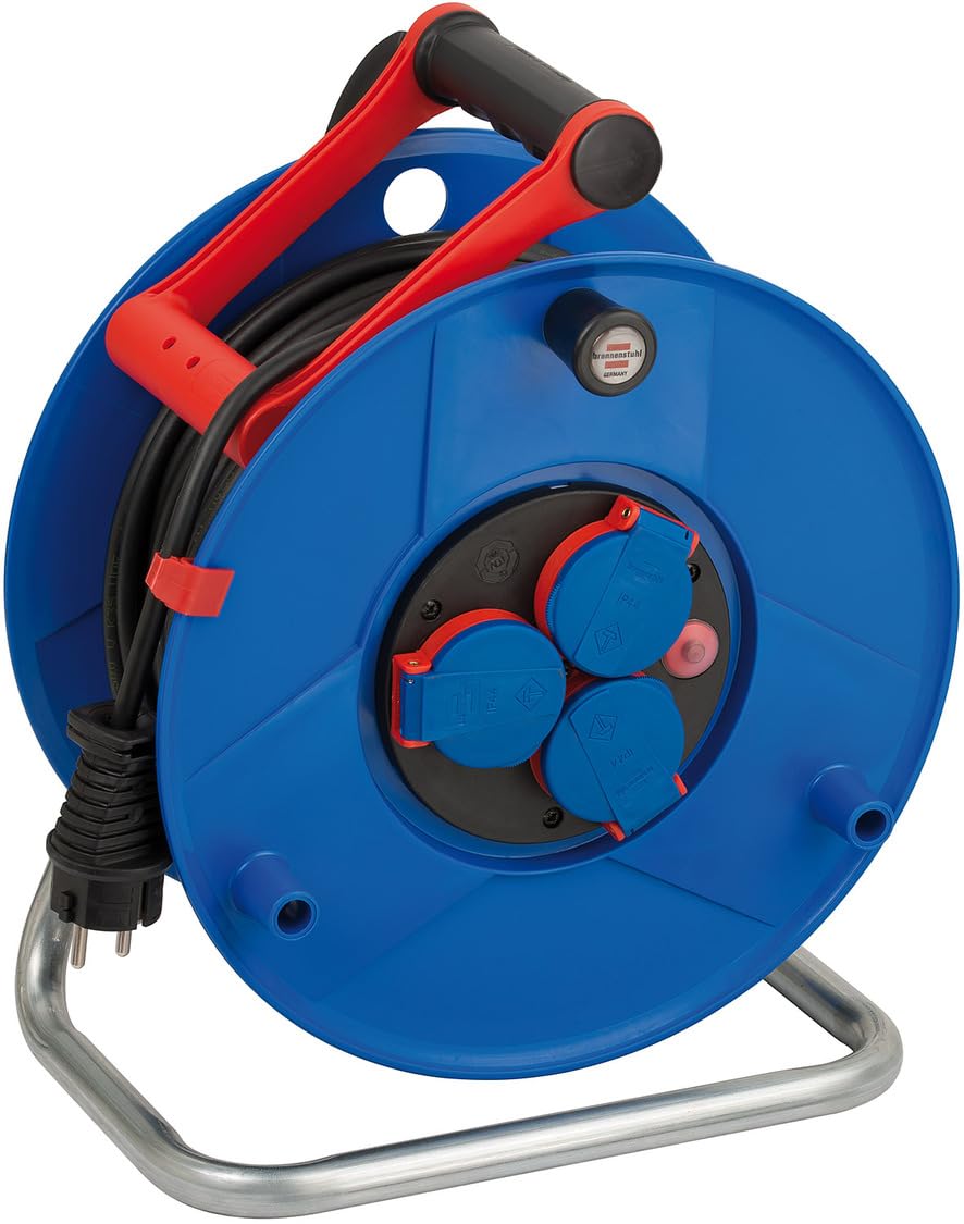 Brennenstuhl Garant enrollacables con cable BREMAXX de 50m y 3 tomas de corriente (para exteriores, IP44, termostato, fabricado en alemania) azul