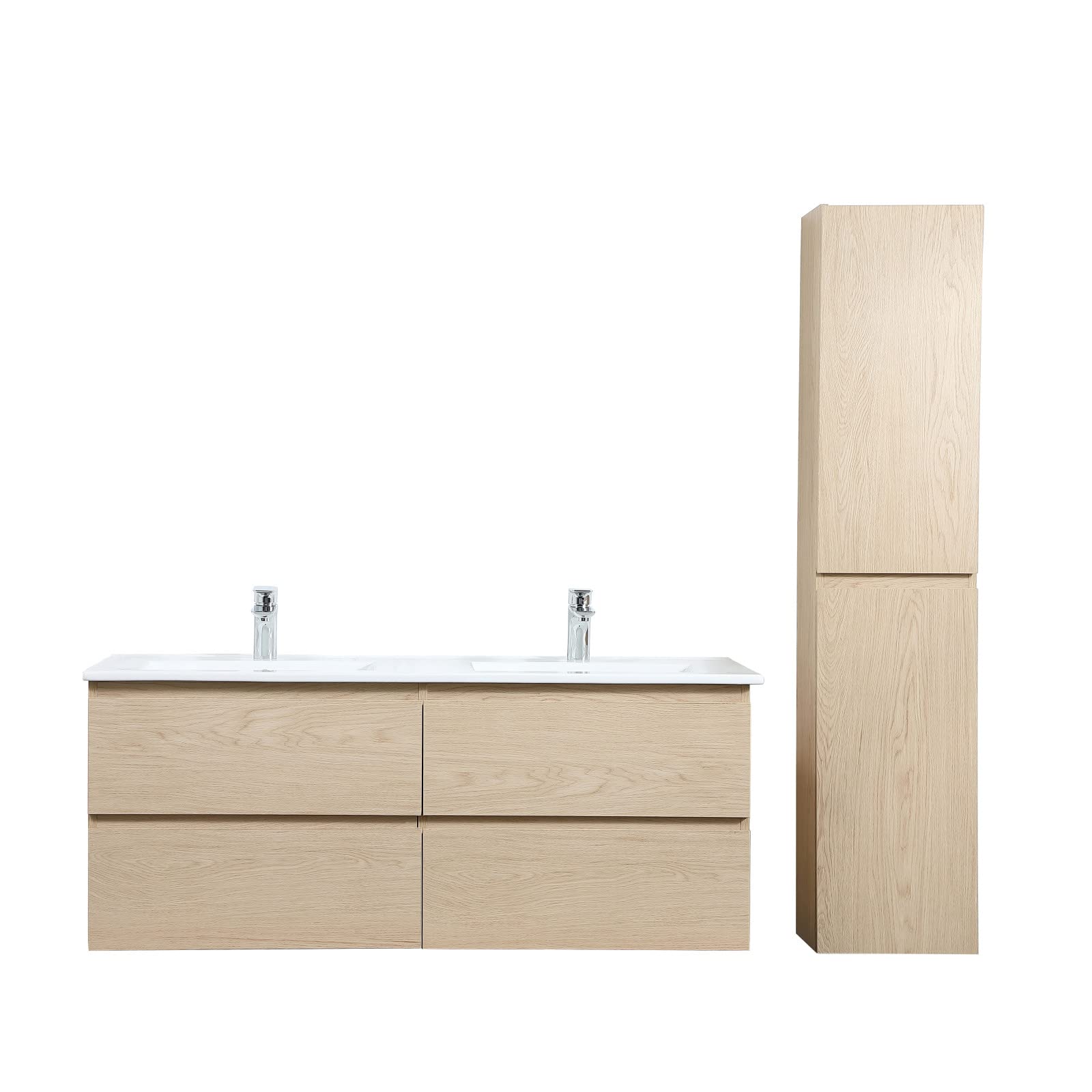 MOB-IN Meuble Double Vasque 120cm avec Plan céramique Sorrento Décor chêne + Colonne
