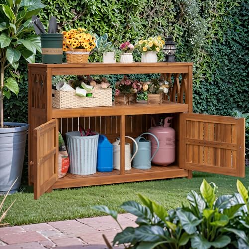 Greesum-2-Tier-Outdoor-Storage-Cabinet-in-Acacia-Wood-with-2-Magnetic-Doors-for-Garden-Picnic-Buffet-TV-Stand-or-Bar-Table-Brown Greesum 2 Tier Outdoor Storage Cabinet in Acacia Wood with 2 Magnetic Doors for Garden Picnic Buffet TV Stand or Bar Table Brown