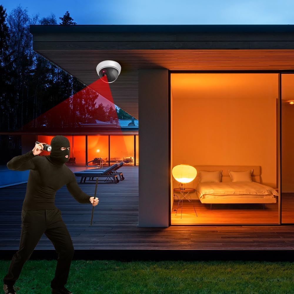 ERWEY Caméra factice avec Objectif Vidéosurveillance Sécurité des Marchandises Caméra de Surveillance factice avec lumière LED Rouge pour Mur Plafond 2 Set avec Papier perforé 2pcs.