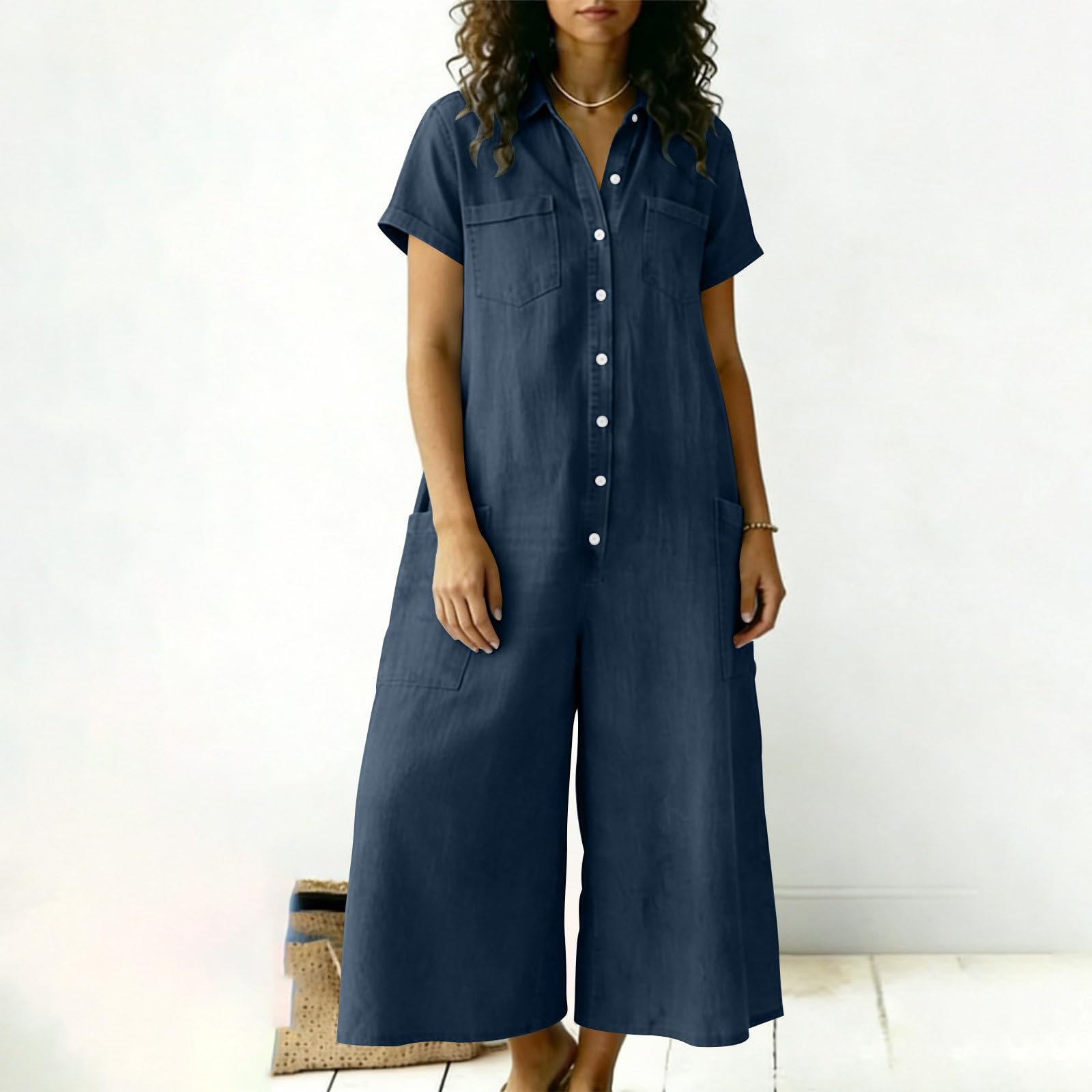 Combinaison en Lin pour Femme Ample et Respirant Combinaison Pantalon Fluide Femmes été Jambes Larges Grande Taille Coupe Droite Palazzo Salopettes de Travail Chic Jumpsuit de Plage