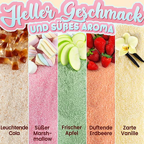 GREENDOSO® Zuckerwatte Zucker für Maschine – Erdbeere, Cola, Apfel, Marshmallow, Vanille (5x160 g) – Natürliche Aromen & Farbstoffe – 20 Stäbchen + 8 Essbare Oblaten-Gesichter