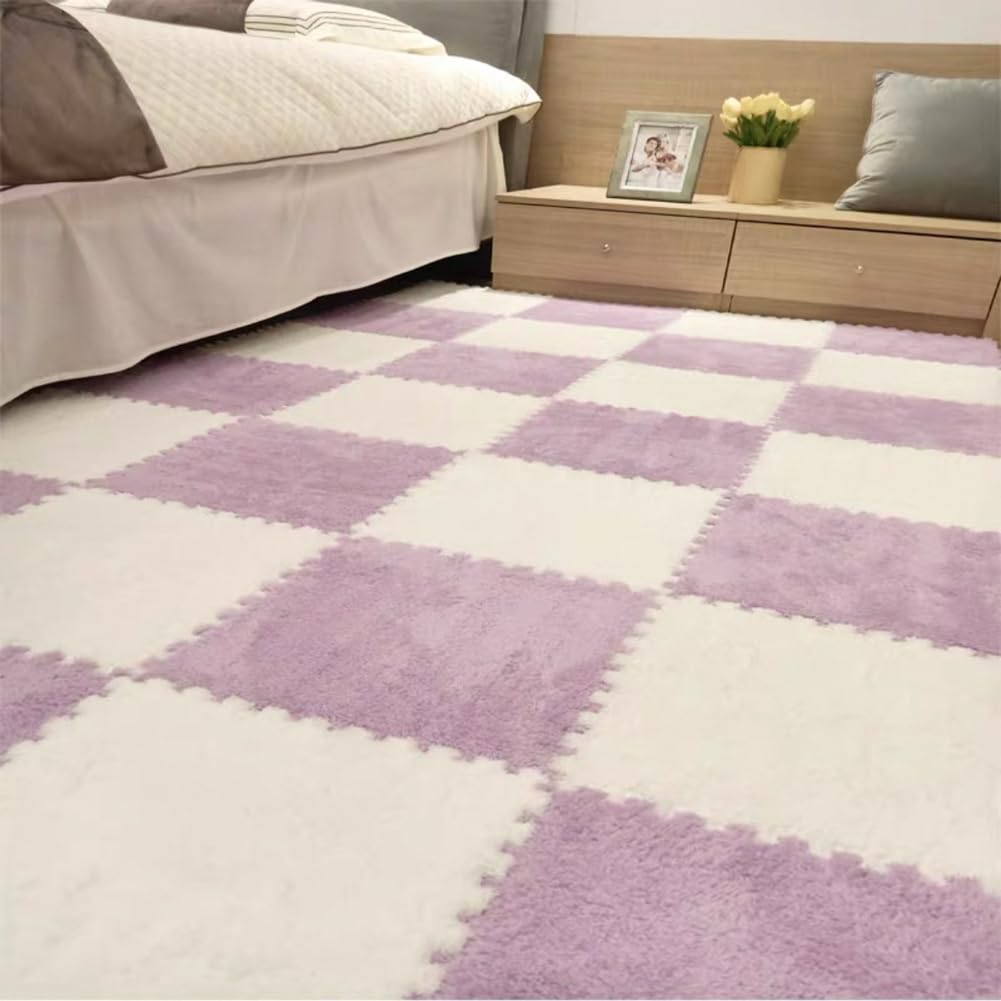 10 Tiles Interlocking Puzzle Play Mat 30x30x1cm EVA Foam Floor Mats,Fluffy Area Rug for Living Room Bedroom,Non-Slip Protective Floor Carpet (White Purple)