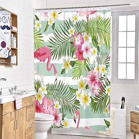 Sticker superb 3D Tier Rosa Flamingo Tropisch Blume Duschvorhänge mit Haken, Tukan Kaktus Drucken Duschvorhänge Mikrofaser Polyester Anti-Schimmel Wasserdicht Cover