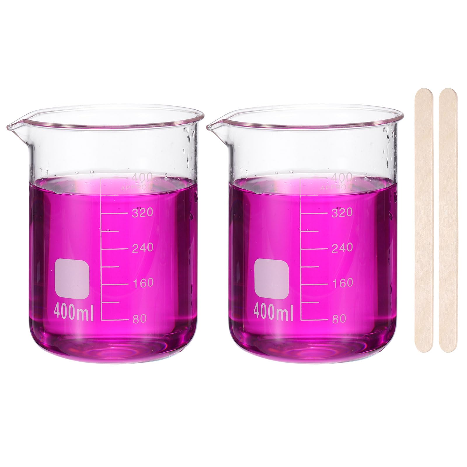 PATIKIL Vaso de vidrio de 400 ml, paquete de 2 vasos de vidrio medidores, vasos de laboratorio de borosilicato graduado, taza de baja forma, segura para el calor, transparente con 50 palos de madera