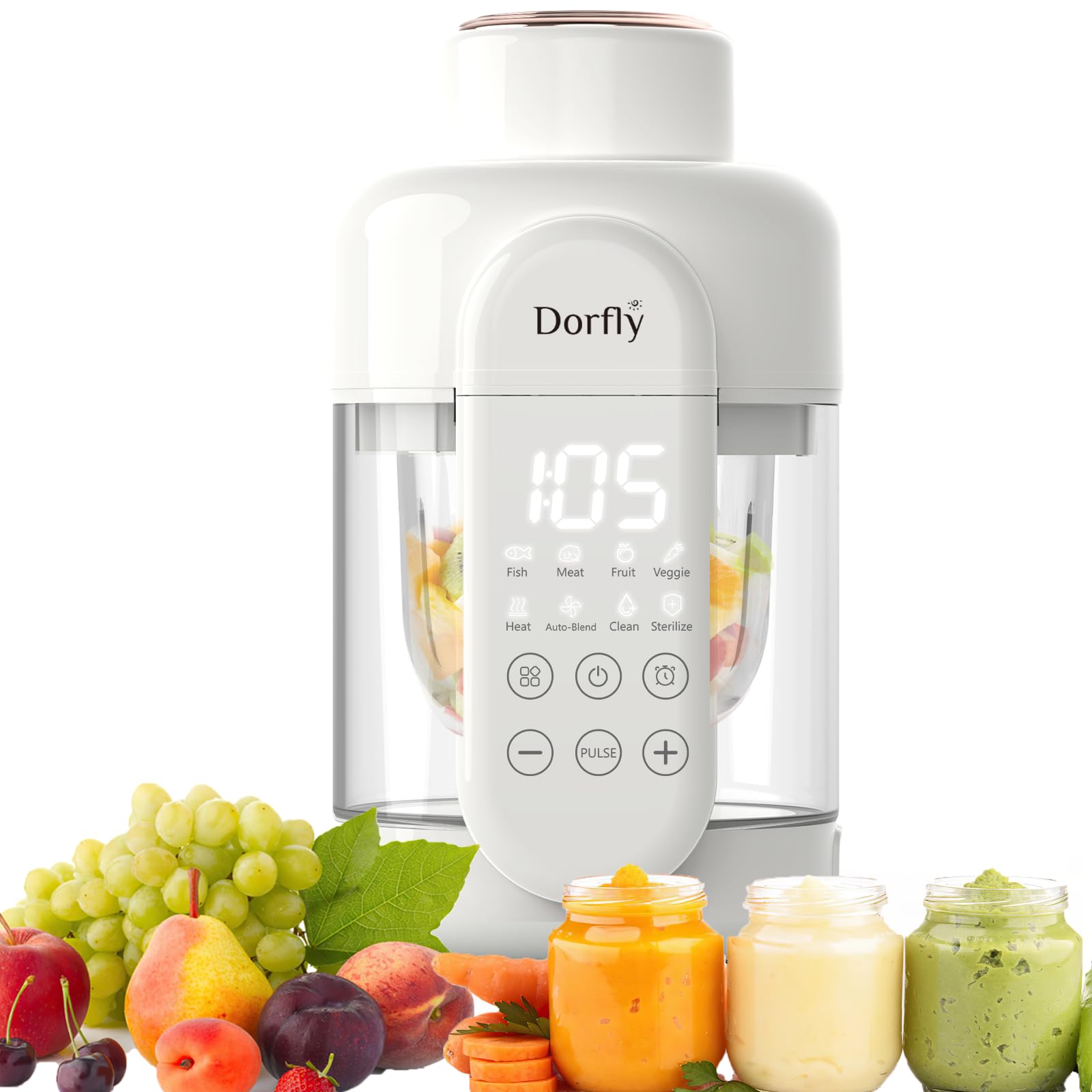 Dorfly Baby Food Maker Procesador de alimentos de vidrio para bebés Sin plástico Vaporera y licuadora de 12 oz Puré 9 en 1 Puré autolimpiable Apto para lavavajillas Molinillo de alimentos de vidrio con 6 cuchillas Temporizador con receta