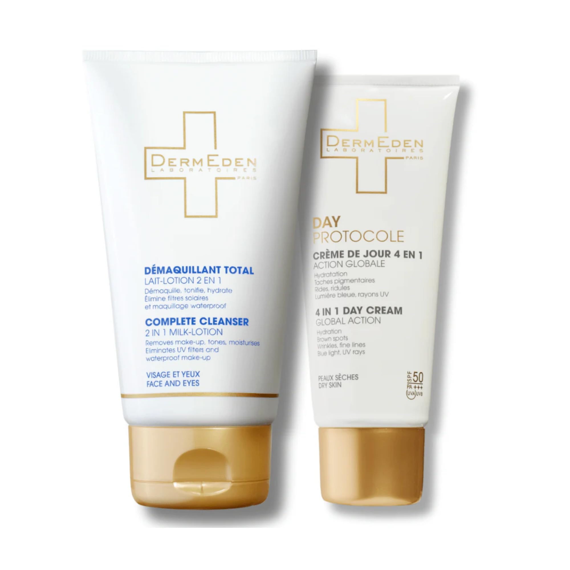 Laboratoires DermEden Protocole AntiAge Jour Peau Sèche - Crème 4en1 et Démaquillant Total Lait - Fabrication Française