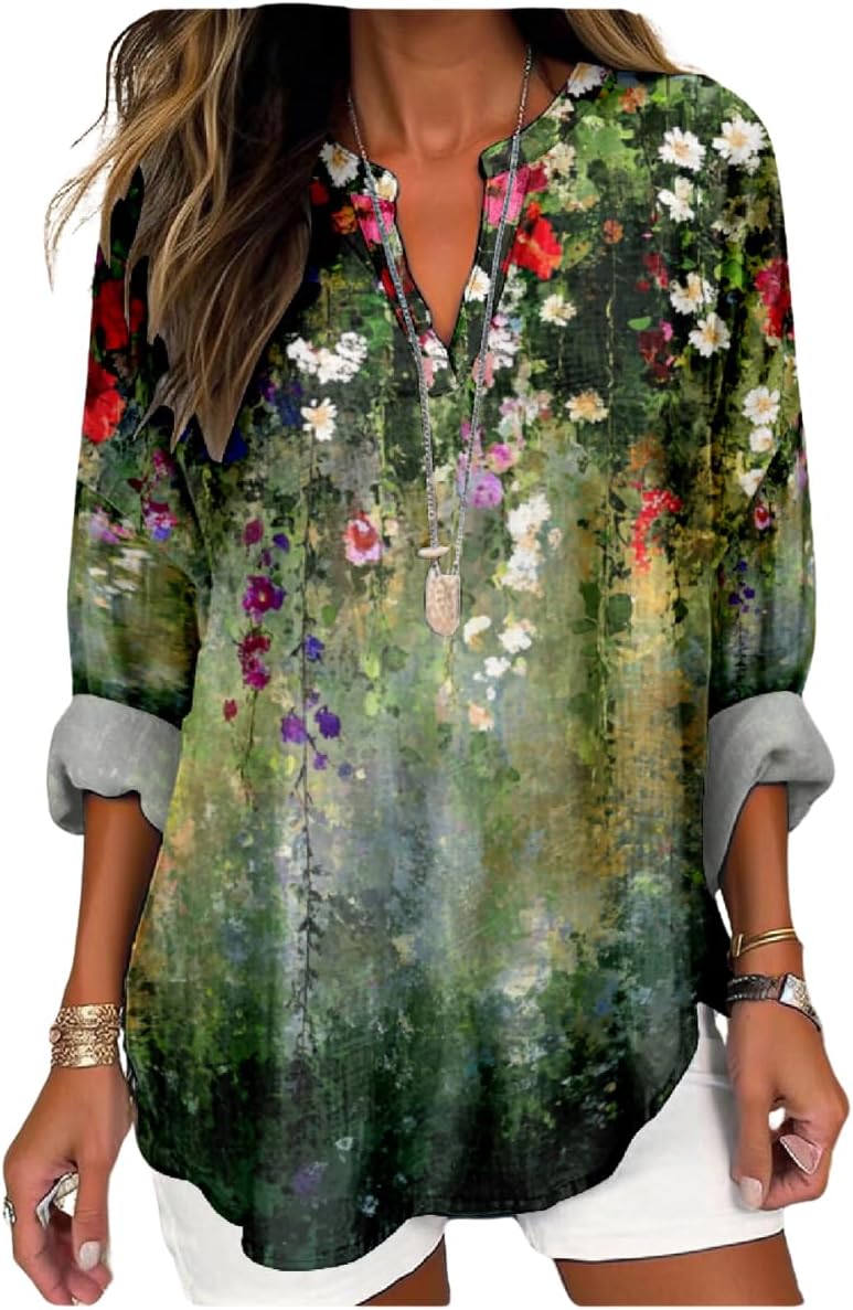 Floral Tops for Women V Neck Long Sleeve Plus Size 2025 Spring Cute Casual Elegant ...