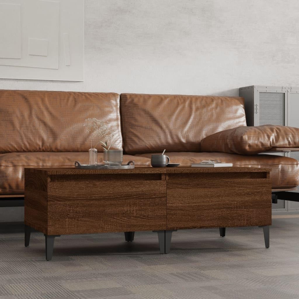 SXZenSpace Set of 2 Brown Oak Side Tables 50x46x35 cm Industrial Engineered Wood End with Metal Legs & Drawer for Living room Bedroom Hallway