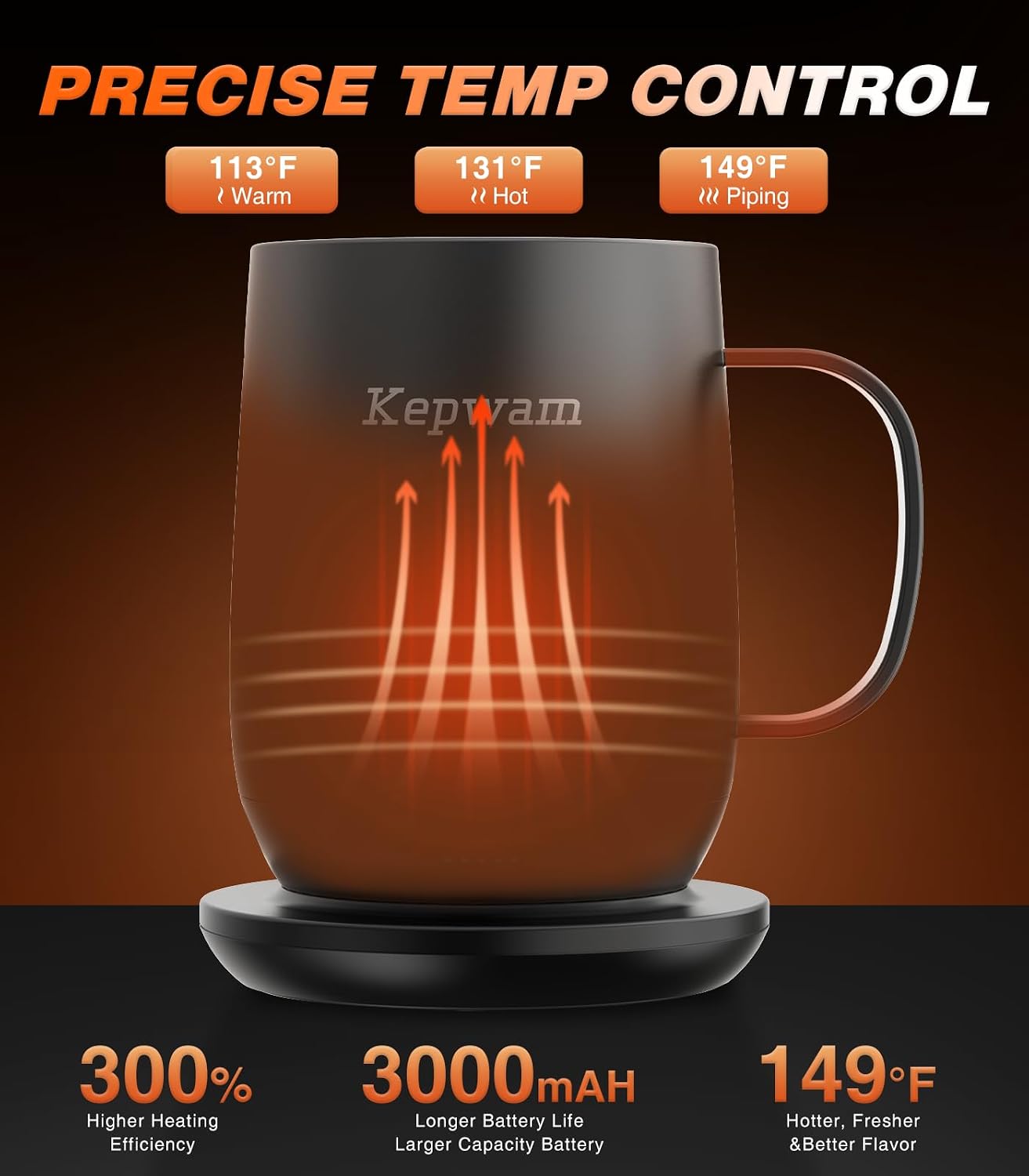 kepwam self heating coffee mug t2, 16oz smart heated coffee mug, 150 min battery life - hot up to 149°f temperature control coffee mug warmer, gifts for dad mom (no app) black 16oz