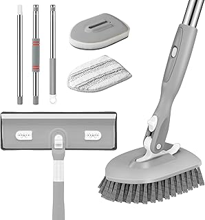 SetSail 4-in-1 Tile Tub Floor Scrubber with 52-inch Adjustable Long Handle Shower Cleaner Brush with Window Scrubber and 3 Replacement Brush Heads for Bathroom Kitchen Walls Tub Tile Sink, Grey