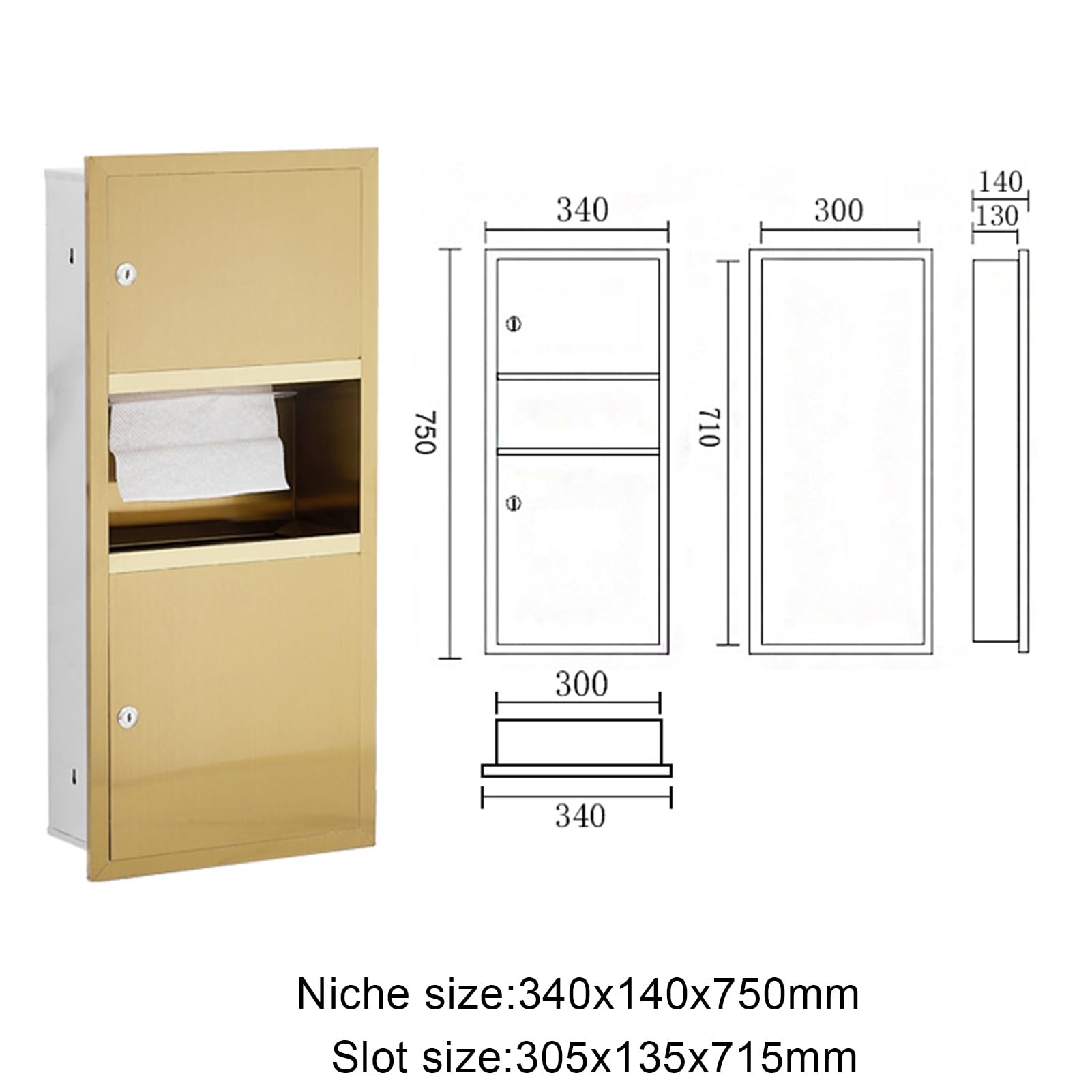 Półki prysznicowe ze stali nierdzewnej, wpuszczane pionowe przechowywanie w łazience, nowoczesny prostokątny organizer do łazienki, 34,5 x 14,5 x 75 cm