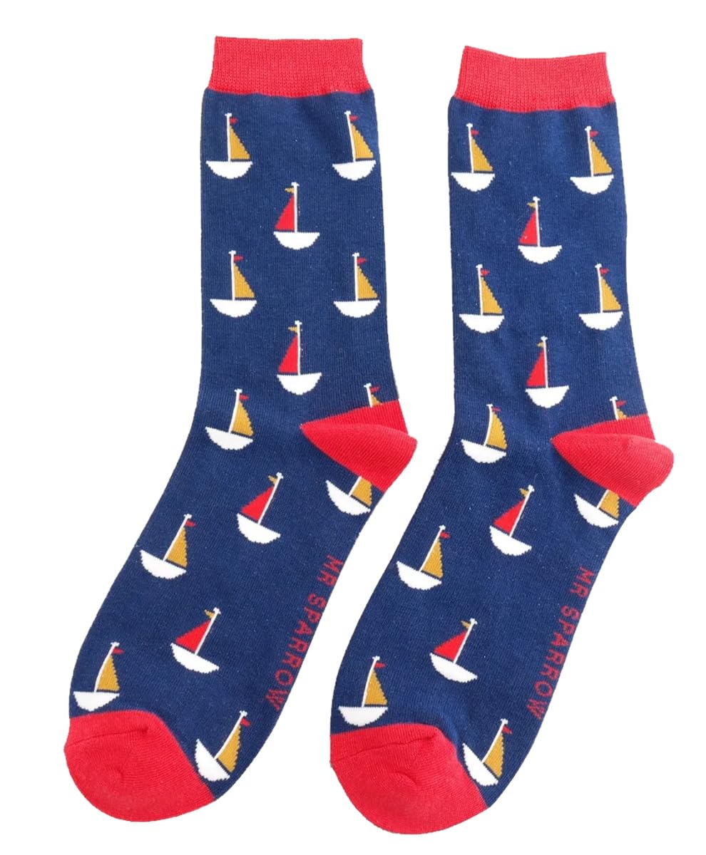LilyRosa Mens Sailing Boat Socks 6-11 Sail Boats Blue Mustard 1 Pair (Blue)