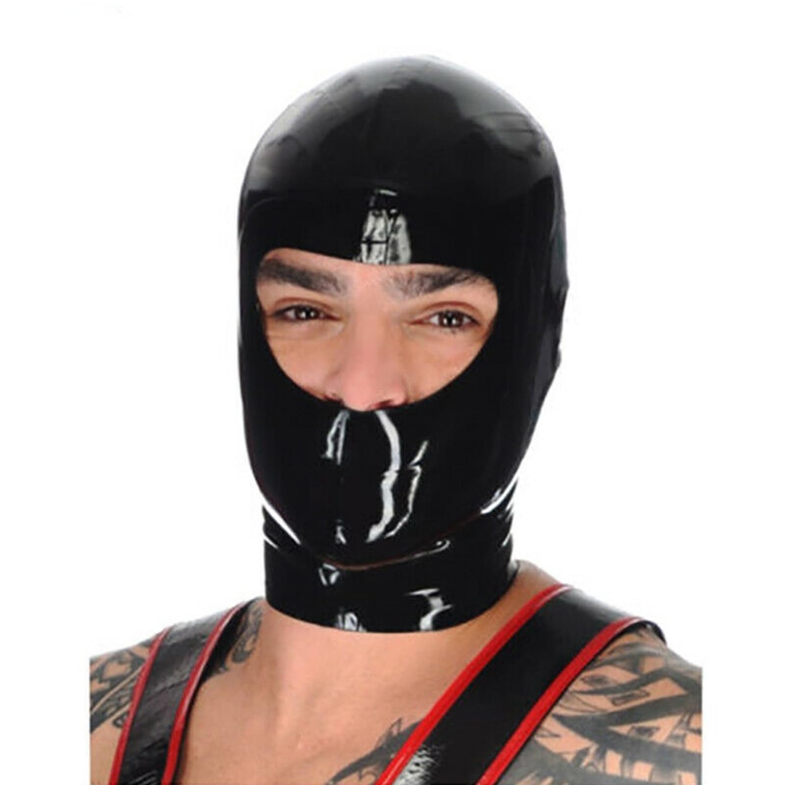 DSPENGS Latex Hood Mask BDSM Full Cover Latex Hood for Adult Couple Game Handmade Exposed Eye Elastic Breathable(Size:M-65CM)