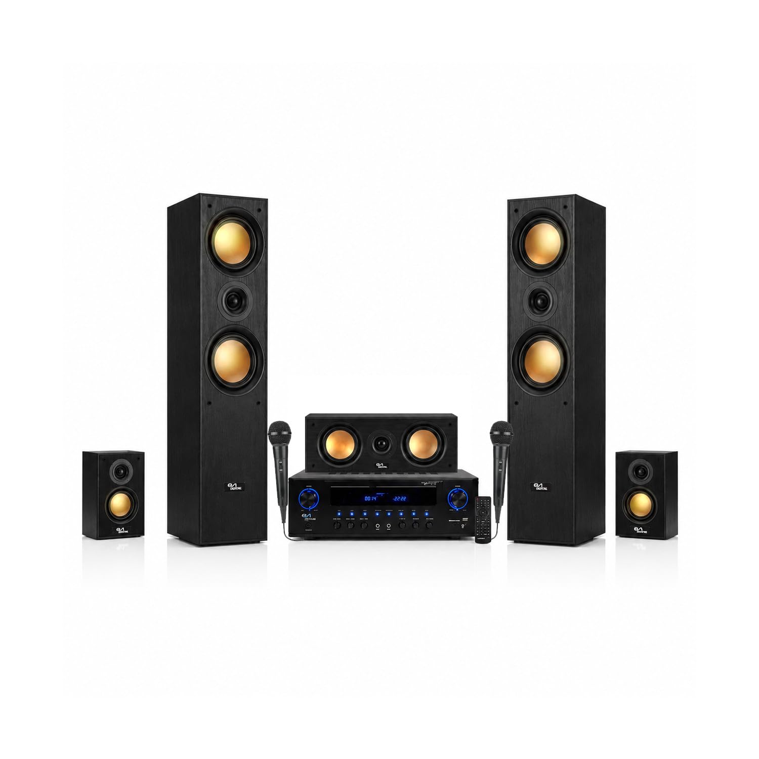 Evidence Acoustics Pack Home Cinéma 5.1-850W - Amplificateur Karaoke 2x50W + 3x20W - Entrée USB SD AUX DVD FM, Micros filaires