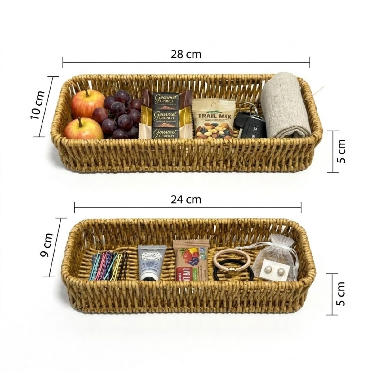 DEİNHAUS Hasır Örgü Dikdörtgen Sepet Tepsisi, 2'li Set, Doğal Renk, Ekmek ve Organizer Kullanımı, 28x10 cm ve 24x9 cm