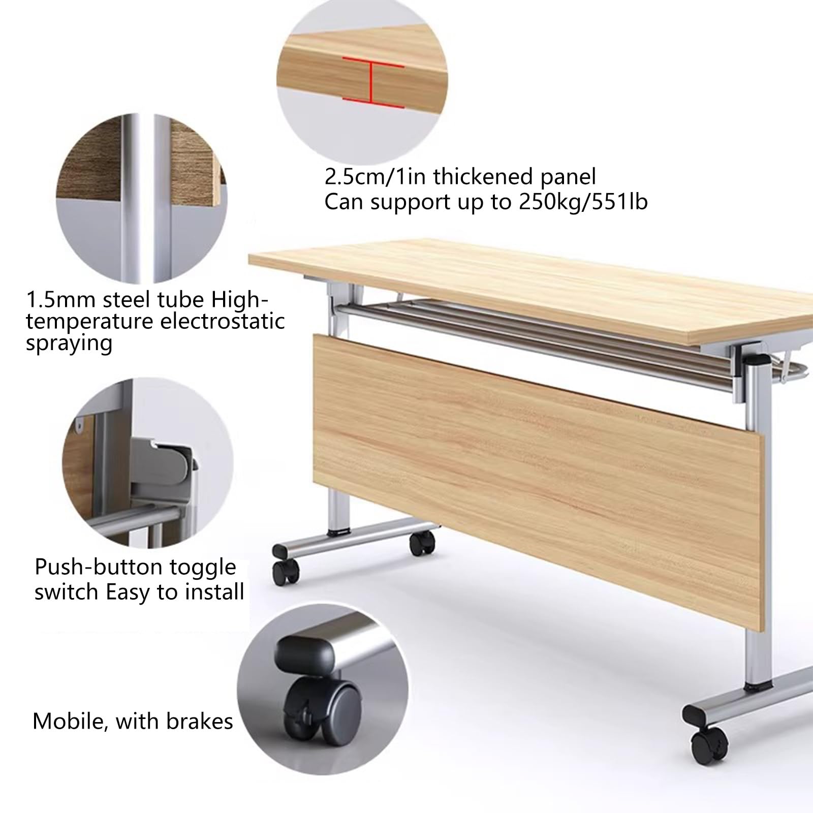 Konferenztisch mit mobilem Design, 360° Schwenkrollen, abschließbar, Sichtschutz, Aufbewahrungsregal, für Büro, Training, Studium, 120 x 40 cm