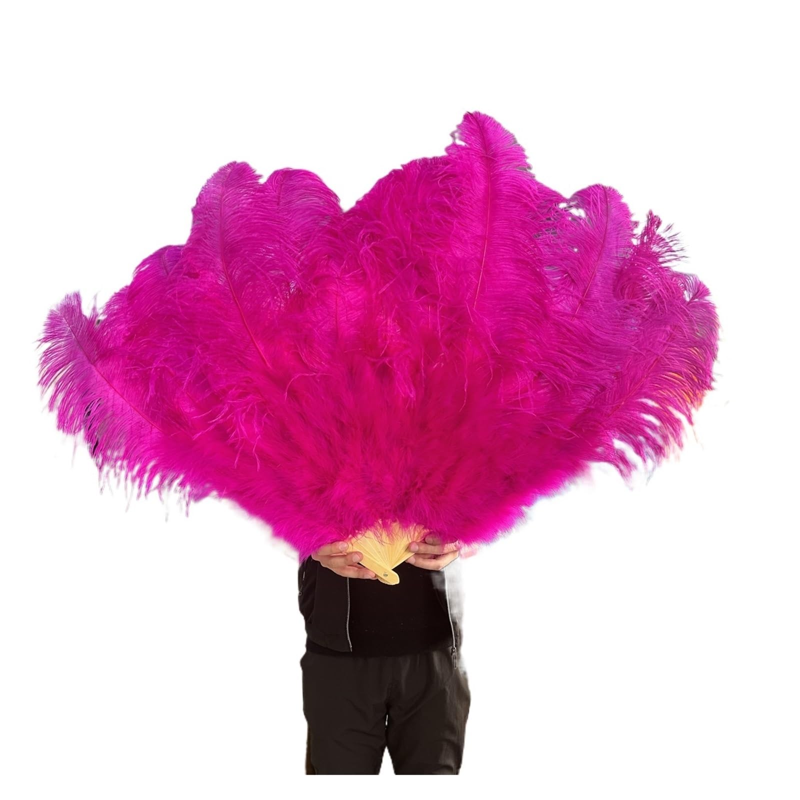 AMEEDA Ostrich feather fan Large 13 Bone Fuffly Feathers Fans 100CM 130CM Rose Red Handheld Plumes fan for Wedding Party Stage Performance Props(Rose,Right hand 130CM)