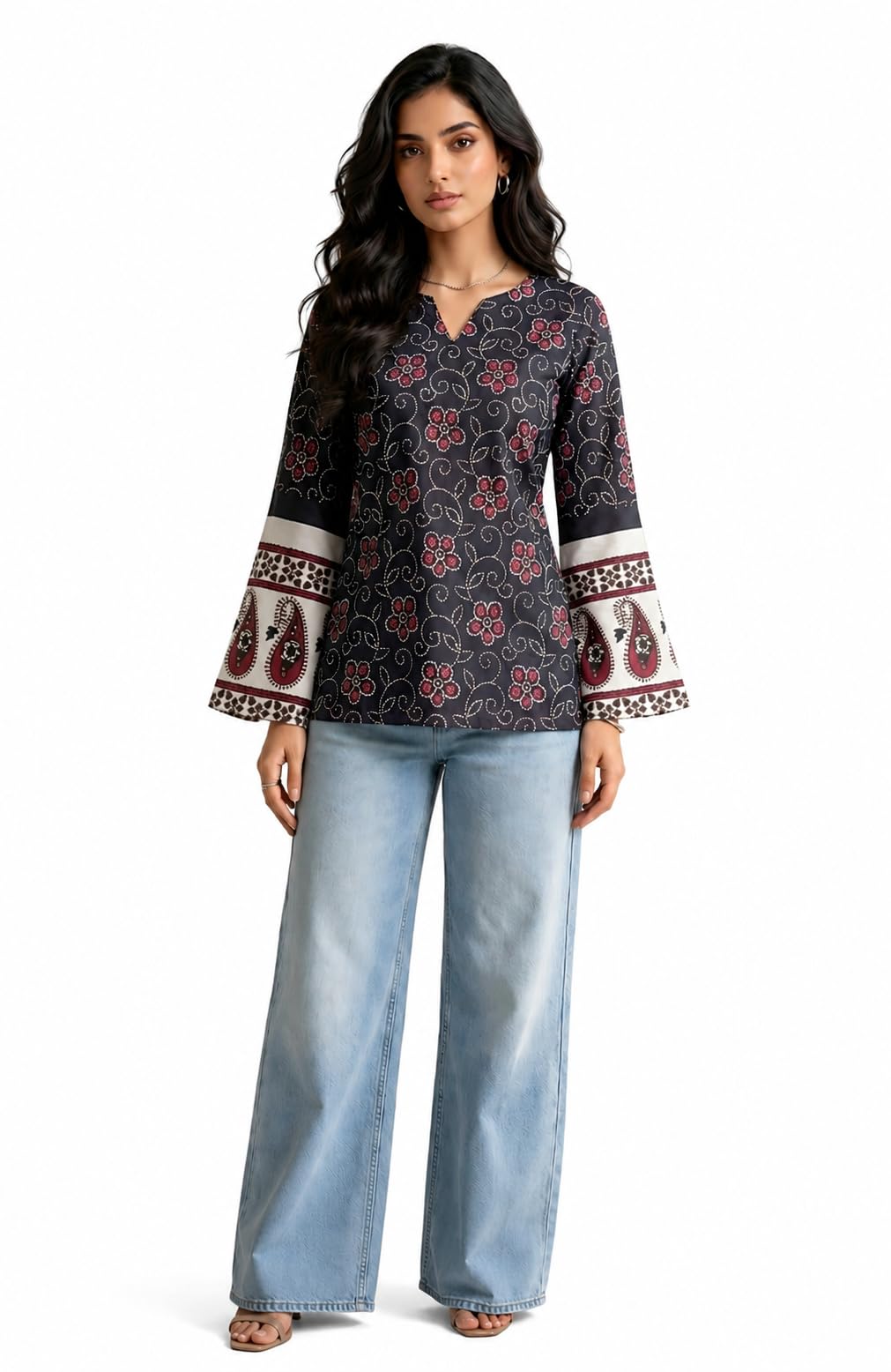 Women's Black Floral Printed Rayon Tunic | Long Bell Sleeves,V-Notch Neck,Back Lace-Up Dori |Regular Fit Casual Western Top for Office,College&Daily Wear for Women&Girls-picture-17