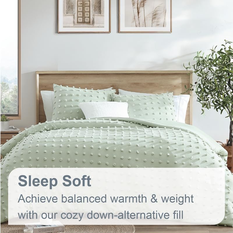 Image of Swift Home King Sage Comforter Set - Decorative Tufted Pom Poms Bedding Set - 3 Pieces Bed Linen, 1 Comforter and 2 Pillow Shams