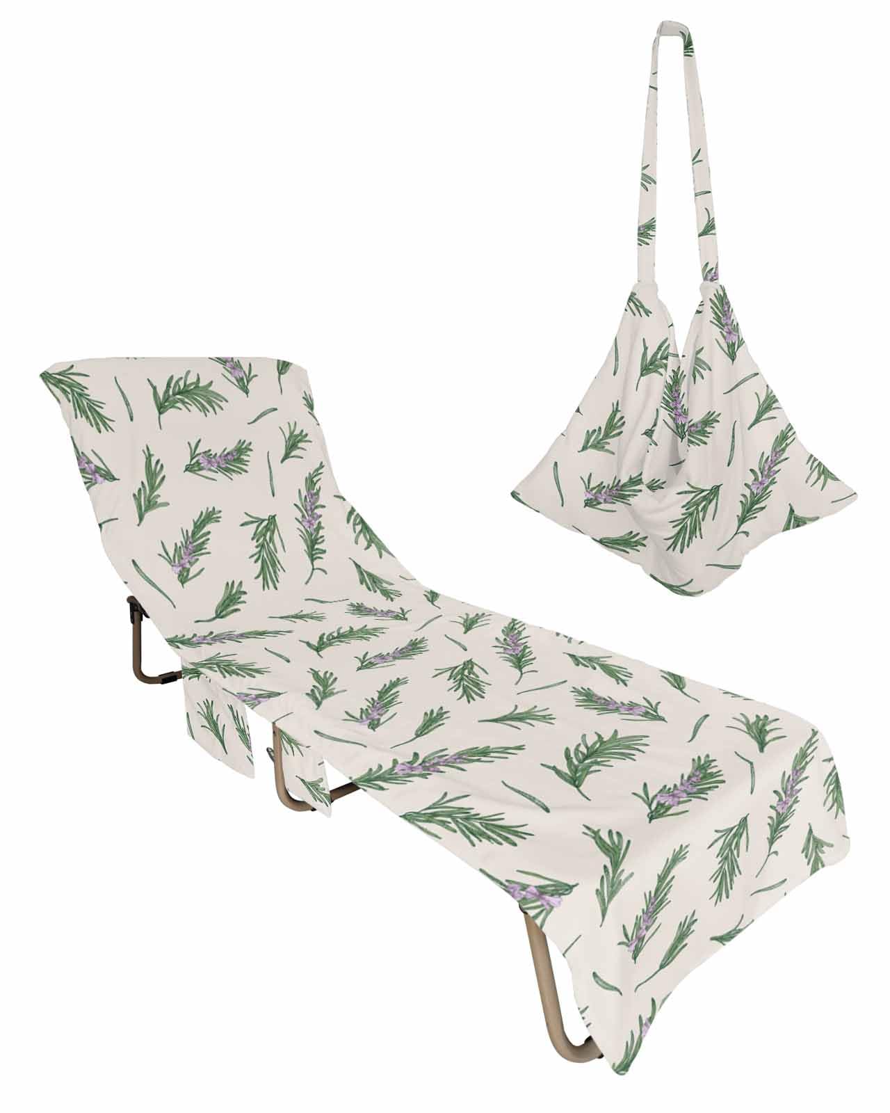 Green Leaves Beach Chair Cover with Side Pockets, Microfiber & Quick Dry Pool Chaise Lounge Chair Towels Covers for Sun Sunbathing Patio Garden Hotel, Spring Floral Farmhouse Rural Plant Natural