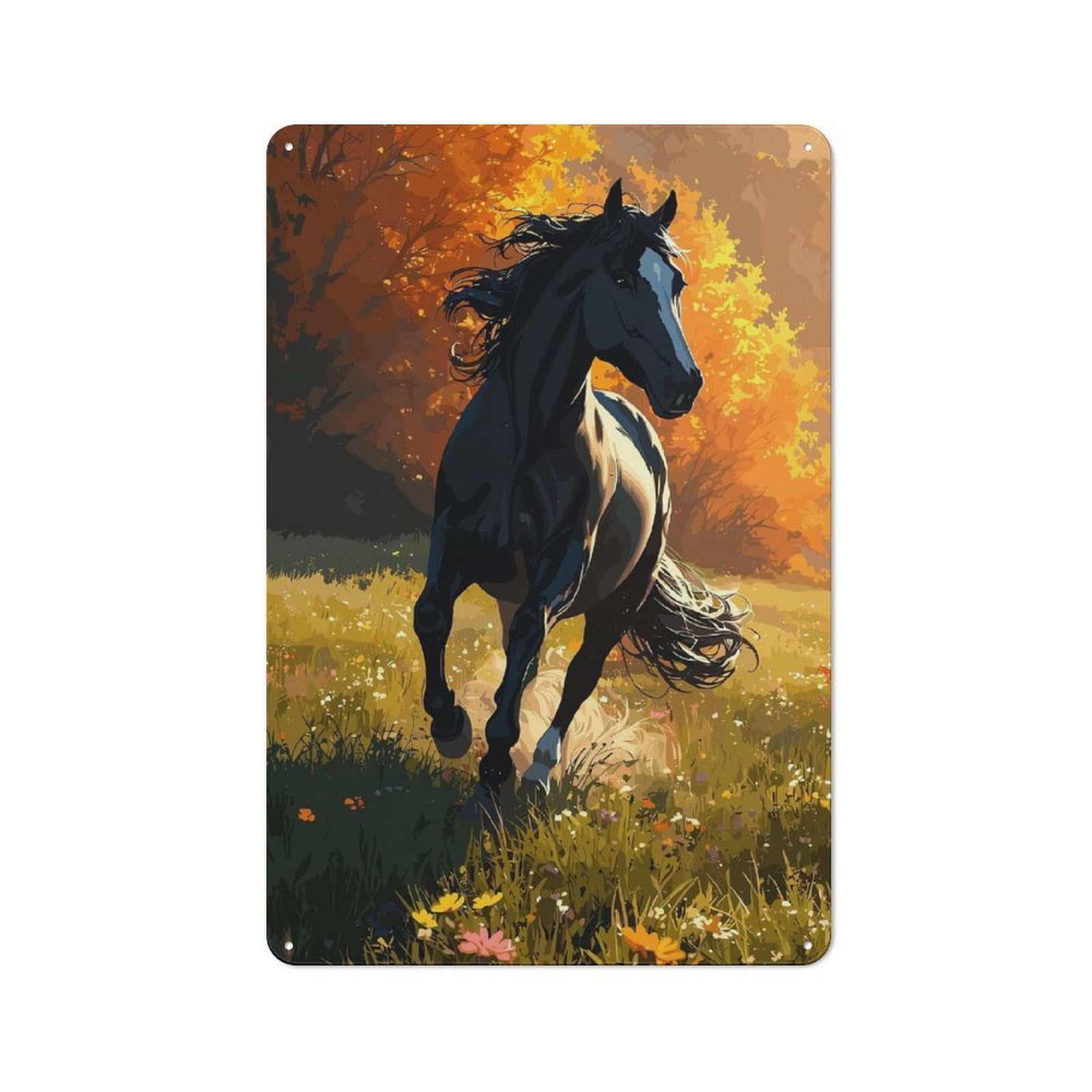 Junmoney Black Horse Galloping In Autumn Meadow Retro Metal Wall Sign 30X20cm For Hobby Room Or Studio, For Garage, Workshop And Man Cave Decoration