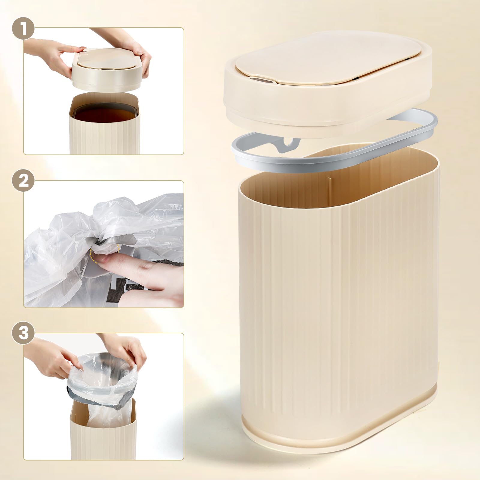 ELPHECO Pattumiera con sensore di movimento, in plastica, impermeabile, con coperchio automatico, per bagno, camera da letto, cucina e ufficio (beige)