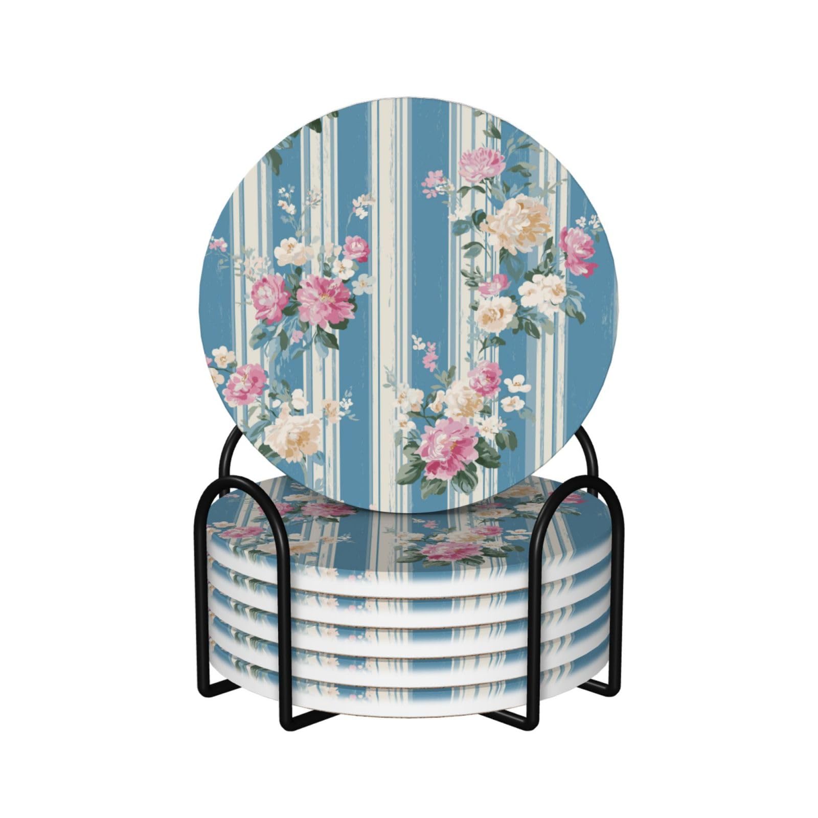 Dessous de verre céramique à rayures bleu et motif floral rétro