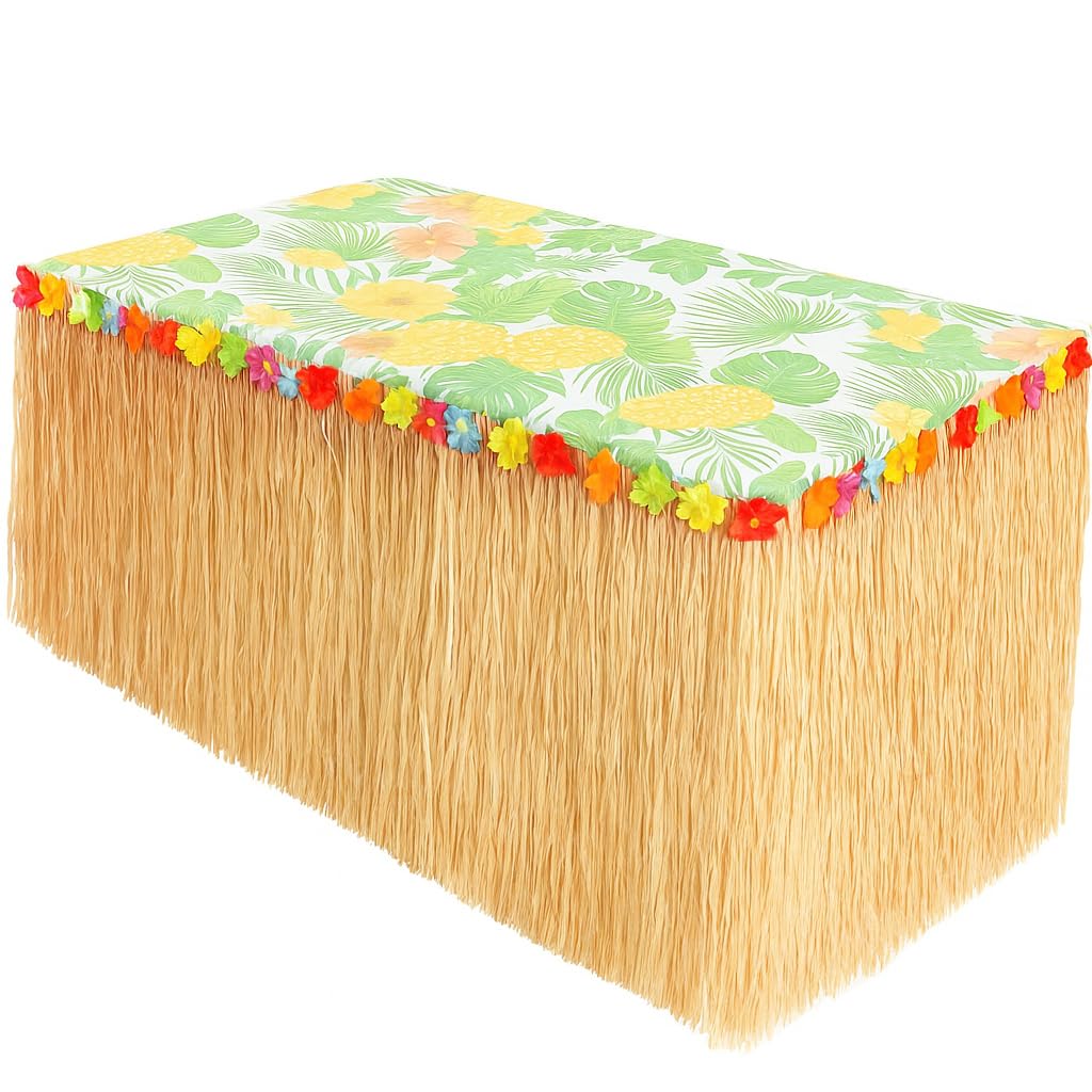 GiftExpress 9 Feet x 29.5" Luau Grass Table Skirt - Hawaiian Theme Party Skirt with Hibiscous Flower Decoration - Fringe Raffia Natural Straw Colored Backdrop for Luau Tropical Theme Décor