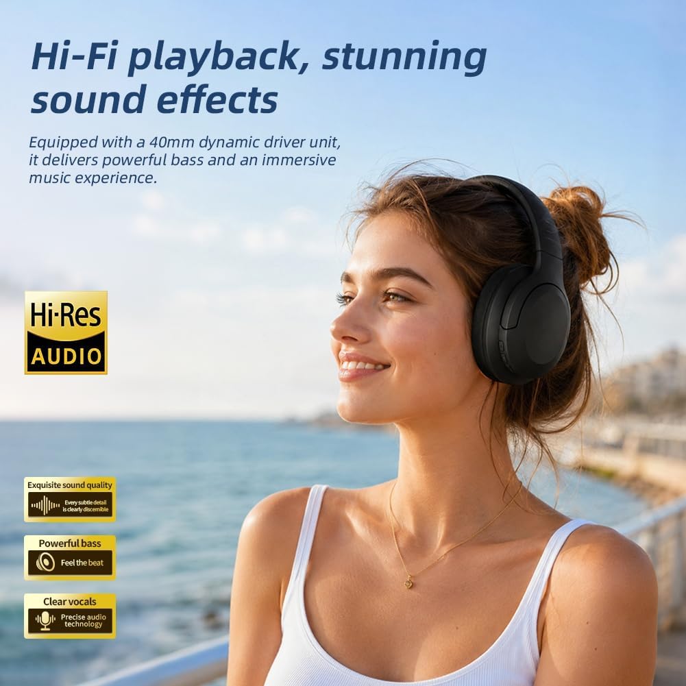 Cuffie wireless Bluetooth over-ear con cancellazione del rumore, autonomia ultra-lunga di 100 ore, cancellazione attiva del rumore, driver da 40 mm e design pieghevole