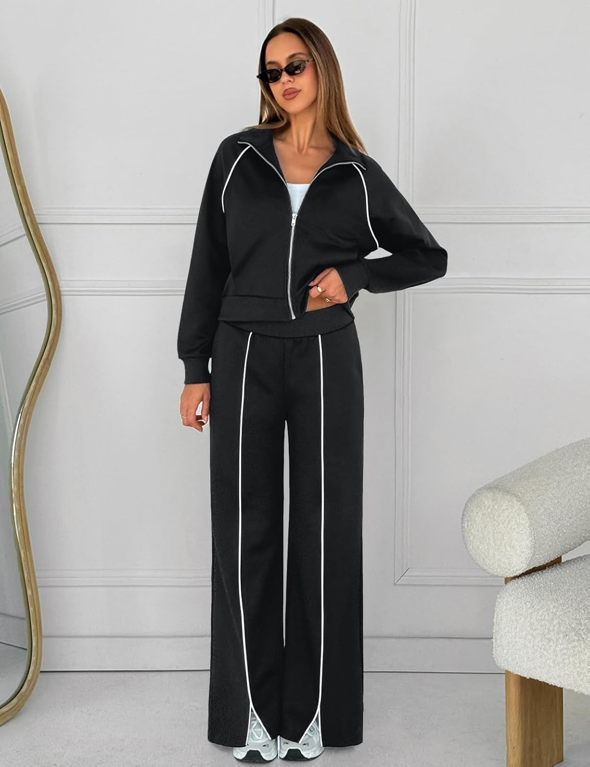 UNIANKIYA Womens 2 Piece Lounge Set Tracksuit Sweatsuits Full Zip Jacket Wide Leg Pants Matching Sets Travel Airport Outfits