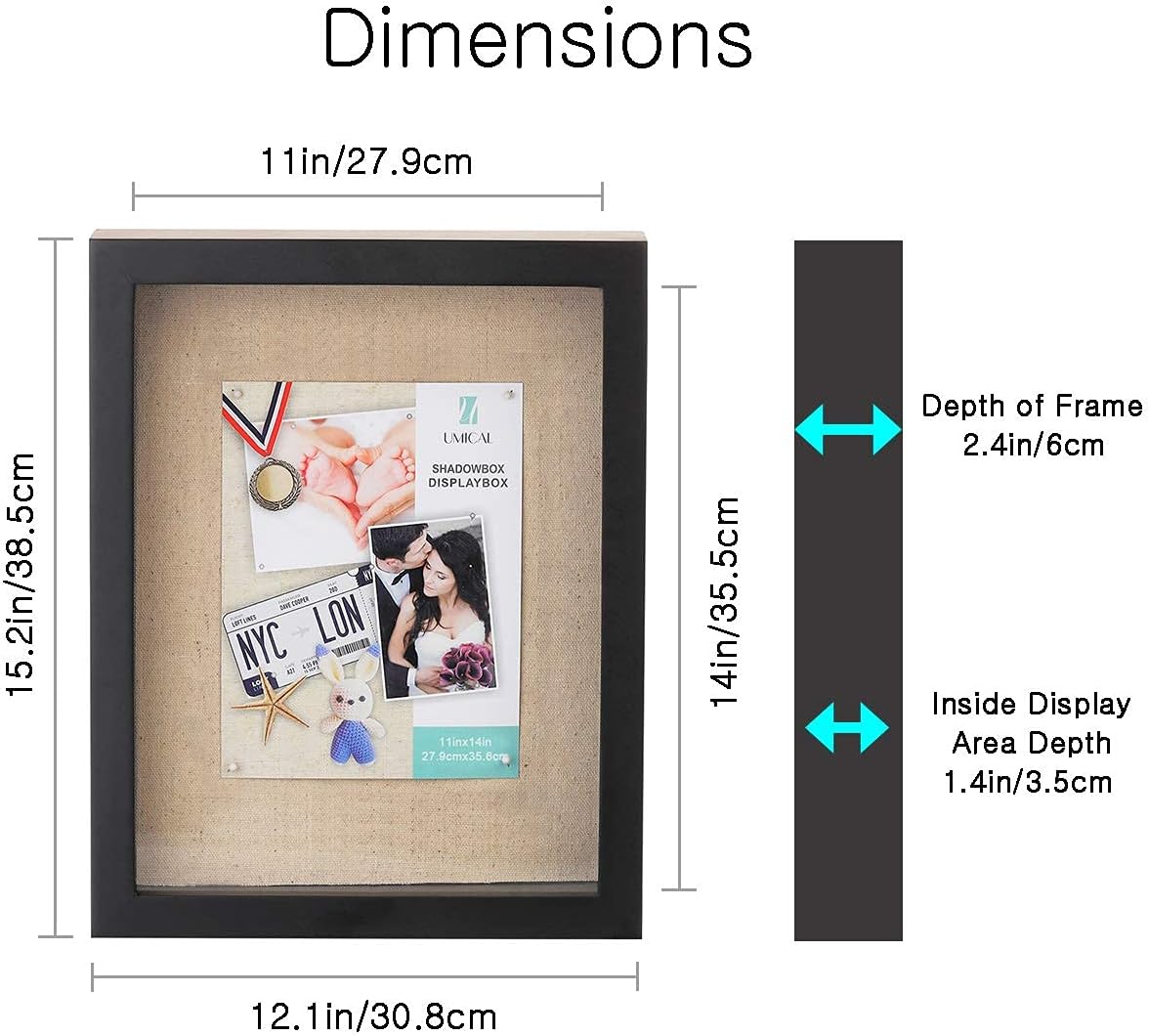UMICAL 11x14 Shadow Box Display Case Black Wooden Shadow Box Frame with Linen Board and Stick Pins Memorabilia Awards Medals Photos Tickets Art Bouquet Memory Box for Keepsakes