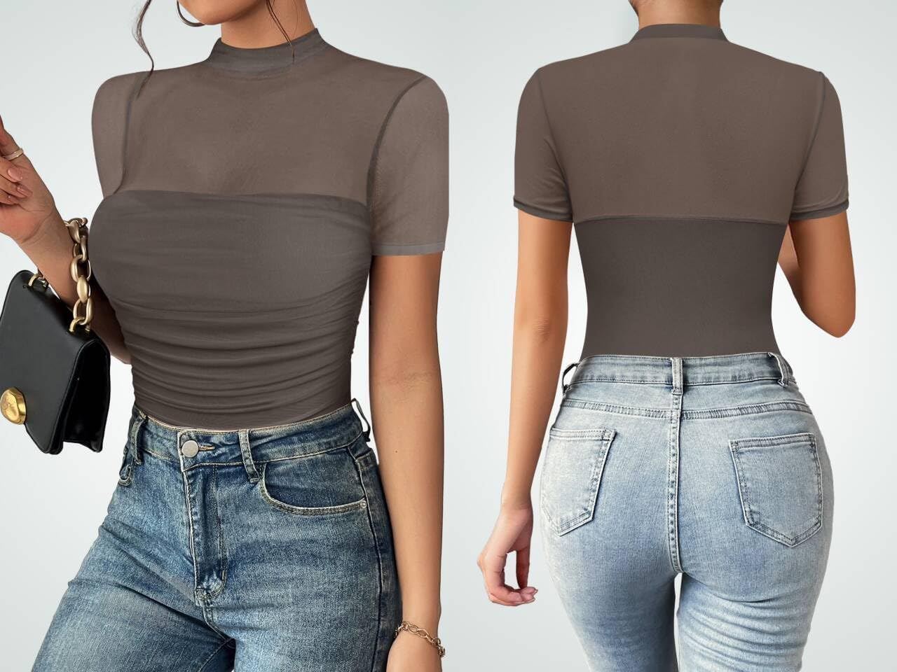 Women's Mesh Sexy Mock TurtleNeck Bodysuits Short Sleeve Shirt Ruched Sheer Body suit Summer Trendy Going Out Tops - Image 4