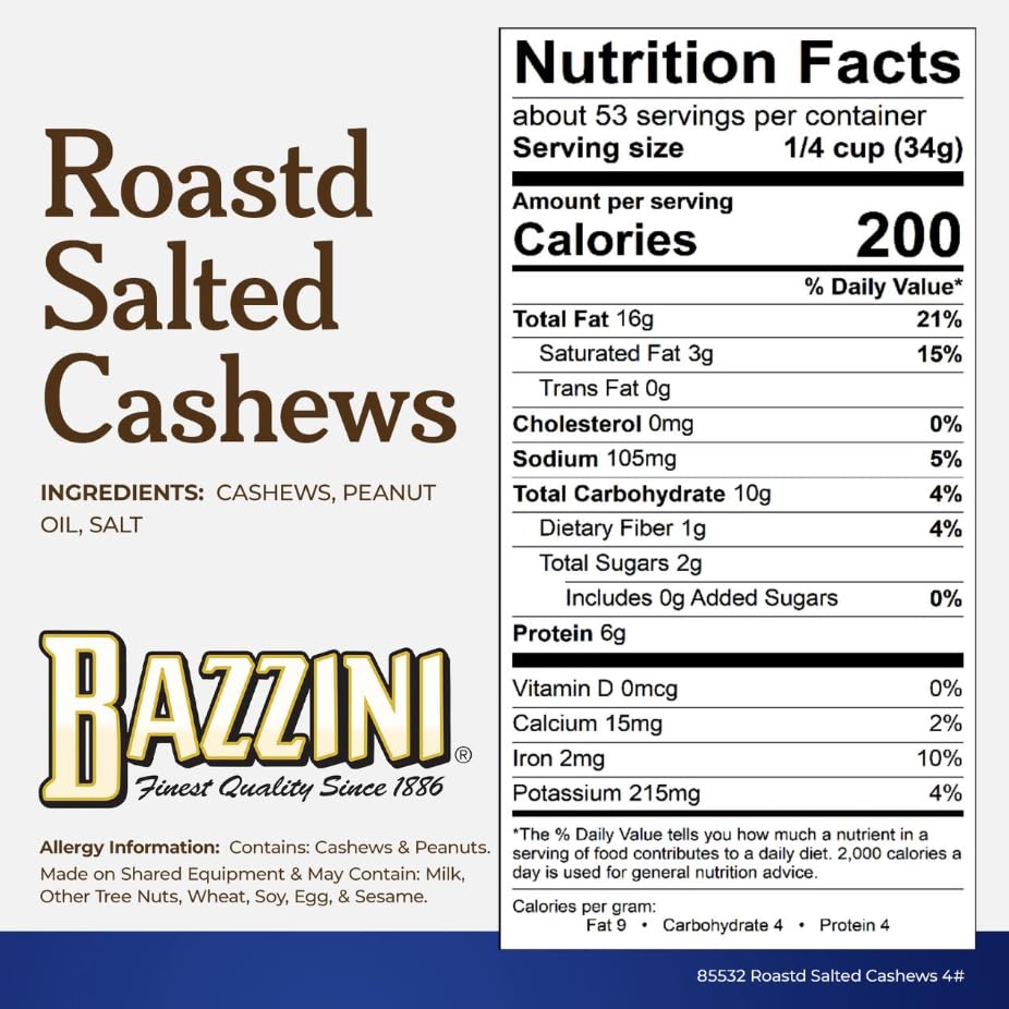 Image of Bazzini Salted Cashews 4lb Bulk Tin, Premium Roasted Cashews with Classic Crunch, Lightly Salted, Gluten Free Snack for Parties, Events, and Everyday Snacking