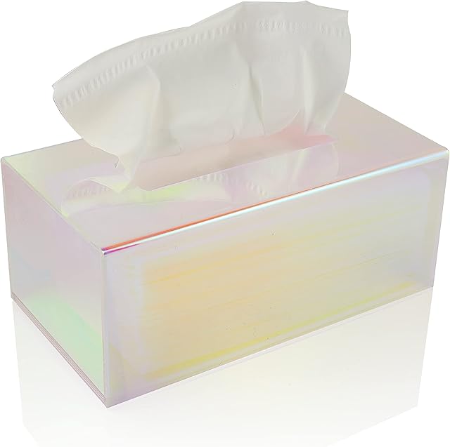 Acrylic Tissue Box Holder, Clear Tissue Box Dispenser for Facial Tissue, Napkins, Dryer Sheets. Perfect Cover for Bathroom, Desks, Countertops, Vanity, Bedroom, Night Stands (Rectangle, Iridescent)