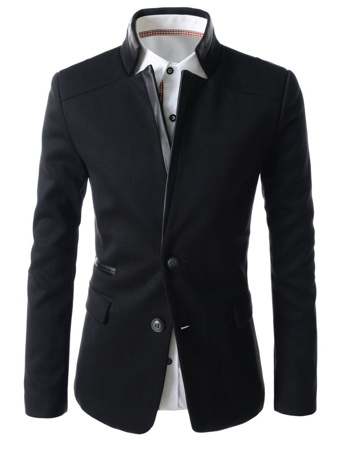 TheLees (LPJ03) Mens Slim Fit China Collar Leather Patched 2 Button Blazer Black US XXS(Tag Size M)