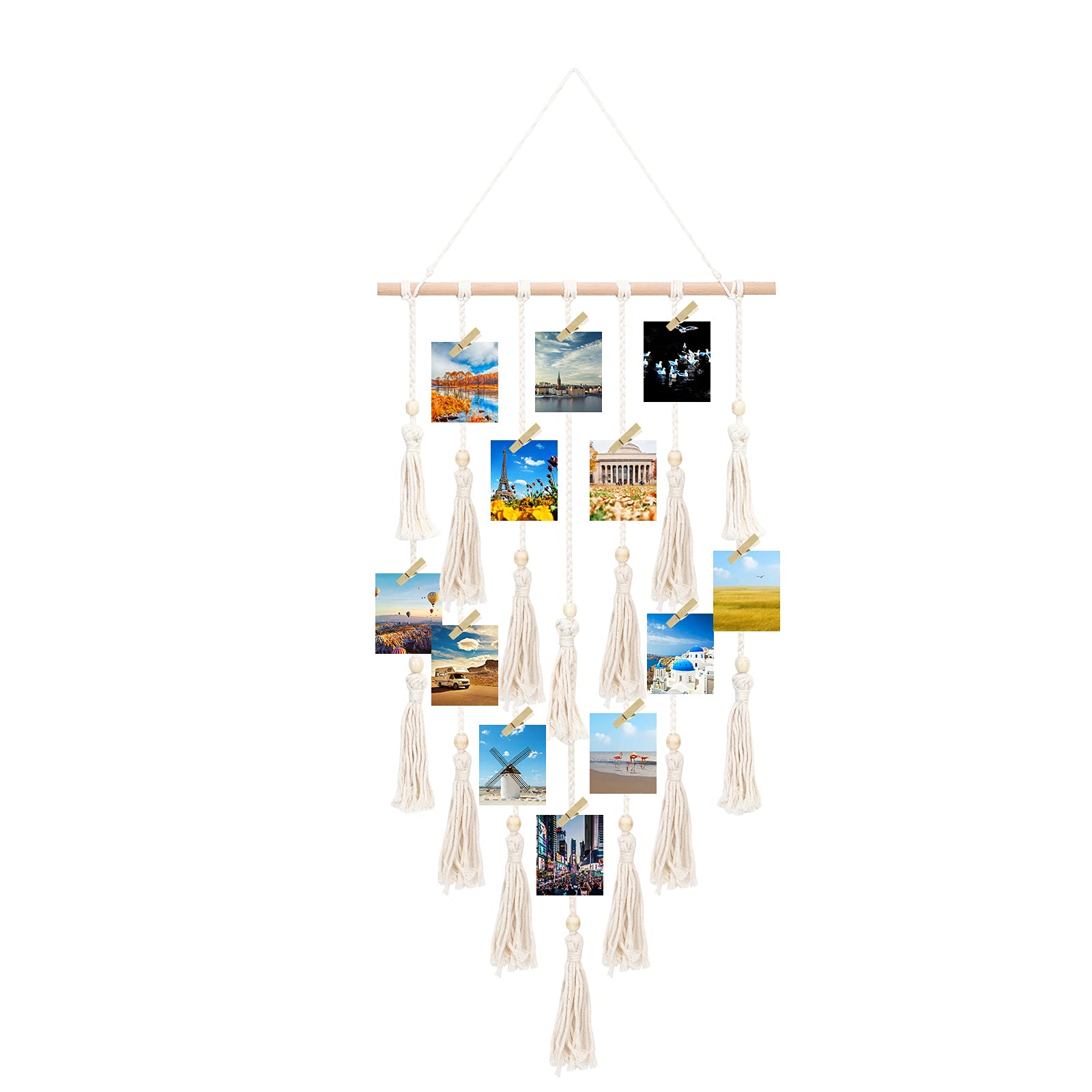 Hanging Photo Display with 30 Wood Clips Macrame Wall Hanging Pictures Holder Decor Home Decoration for Apartment Bedroom Living Room Gallery