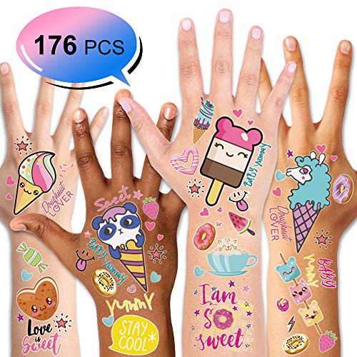Konsait 176PCS Kids Temporary Tattoo, Fake Waterproof Tattoo Stickers For Children Girls Candy Lollipop Ice Cream Sweet Tattoos for Birthday Summer Beach Children s Day Gift Party Favors Supplies