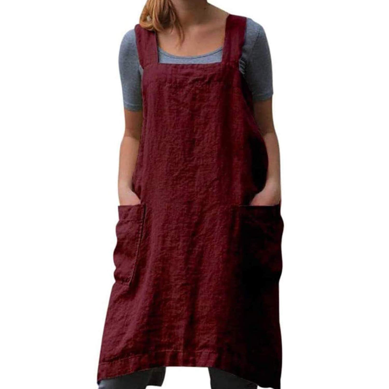 TBA Cotton Linen Apron Cross Back Apron for Women with Big Pockets Square Pinafore Dress for Baking Cooking BBQ & Grill, Red, S