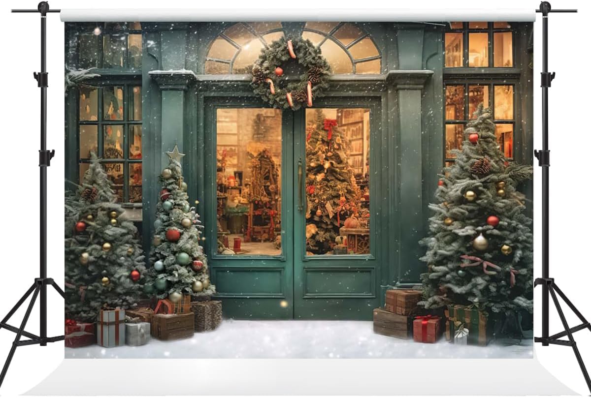 Kate7ร5ft Christmas Backdrop Photography Xmas Green Door Outdoor Snow View Christmas Tree Wreath Decoration Background Studio Props for Party Image Video