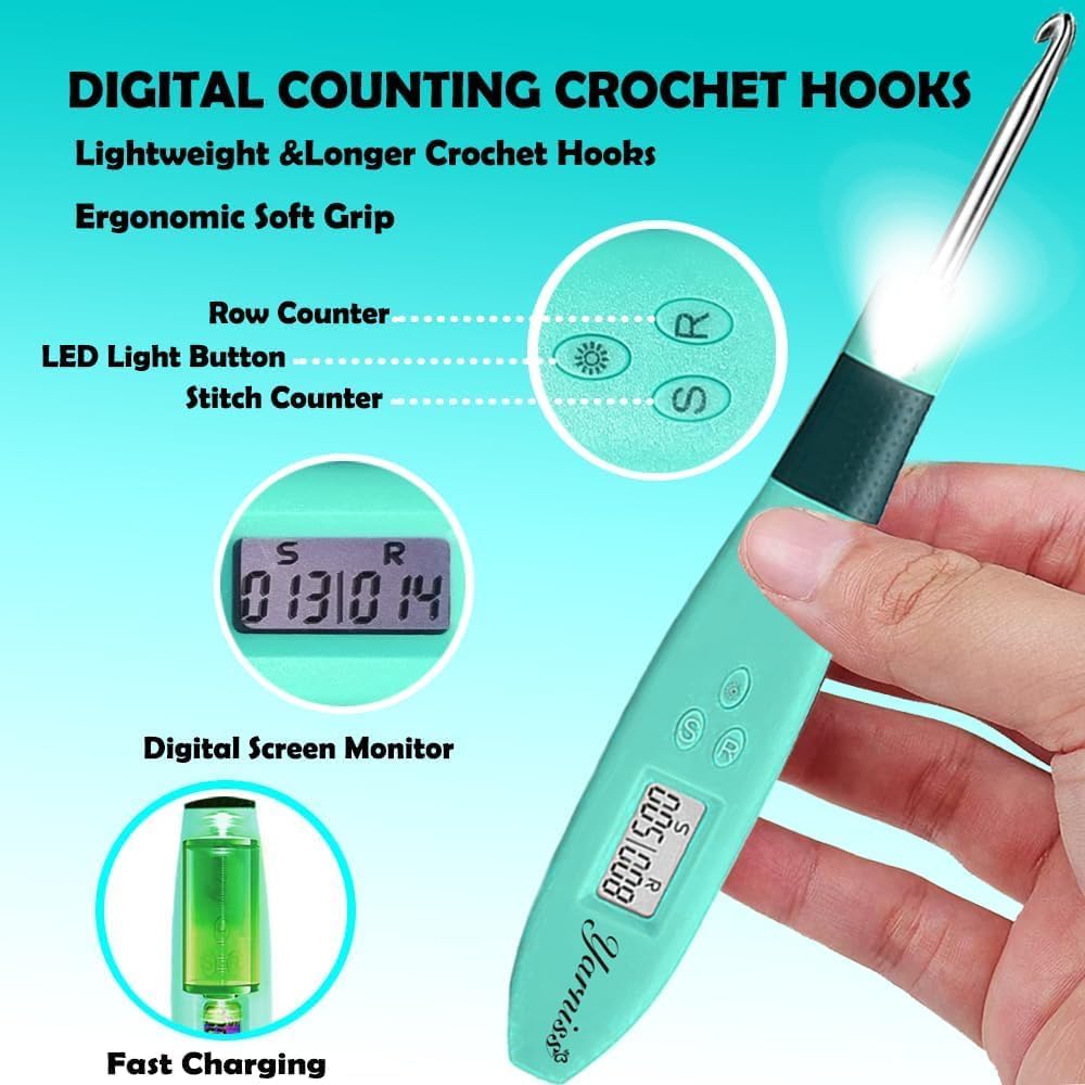 Yarniss Juego de ganchos de ganchillo de 18 tamaños con luz, contador digital con estuche (2.0 mm ~ 14.0 mm) | Gancho de ganchillo digital con cabeza de metal, brilla en la oscuridad mejor para ganchillo nocturno