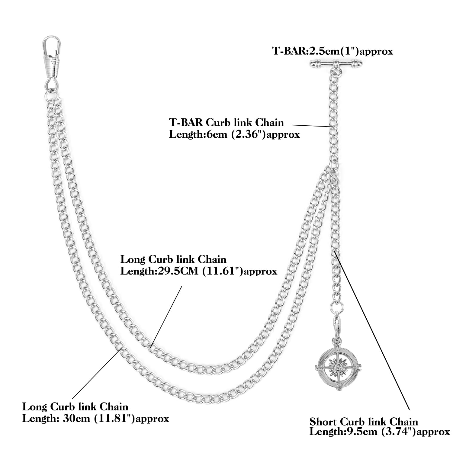 ManChDa Pocket Watch Albert Chain Pocket Watch and Chain, T-Bar Chain with Compass Pendant, Curb Link Chain 2 Hook Antique Fob T Bar for Men