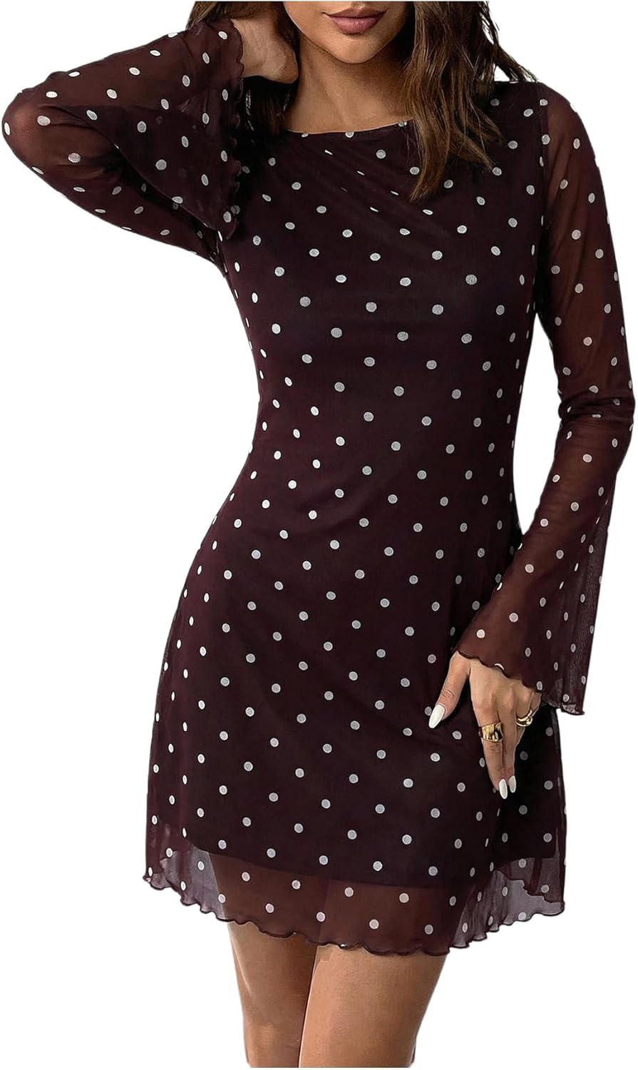Milumia Women's Polka Dots Long Bell Sleeve Mesh Mini Dress Y2K Party Club A Line Short Dresses