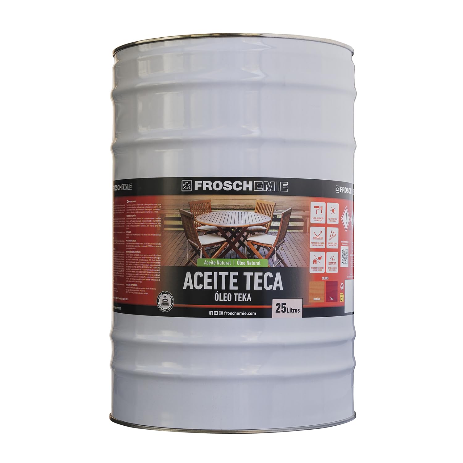 Olio di Teak Naturale FROSCHEMIE con Ingredienti Naturali | Facile applicazione, Filtro solare e idrorepellente | Arricchisce il legno | Protegge dalle intemperie | Incolore 25L