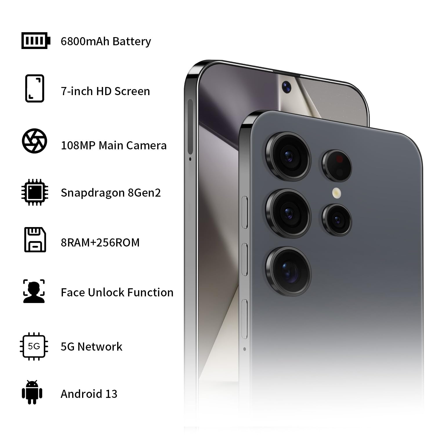 Unlocked Phone S24 Ultra Android Phone 8-core 8GB+256GB Cell Phone 7 inch HD Screen Mobile Phone 108MP+48MP Camera 6800 mAh Battery 5G Dual SIM (Titanium Black)