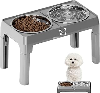 Raised Dog Feeding Station, Height Adjustable Pet Bowl Set, Stainless Steel Elevated Dog Bowls with Stand, Anti Slip Food Water Feeder for Dogs Cats Puppies Small Medium Large Breeds