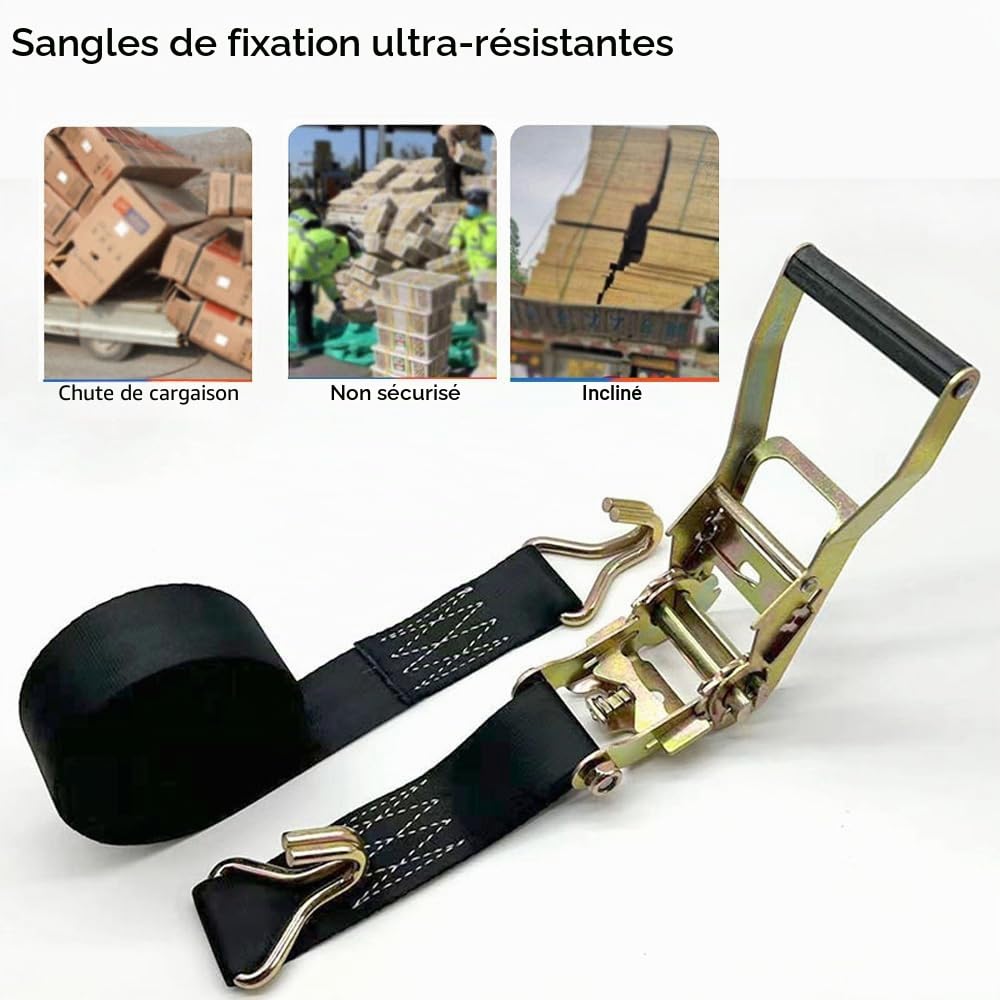 Sangles d'arrimage de 15 m avec cliquet et crochets - Largeur : 5 cm - Noir - 5000 kg - Résistance à la déchirure - Sangle de fixation auto - Sangles à cliquet - Pour camion - Arrimage de charge