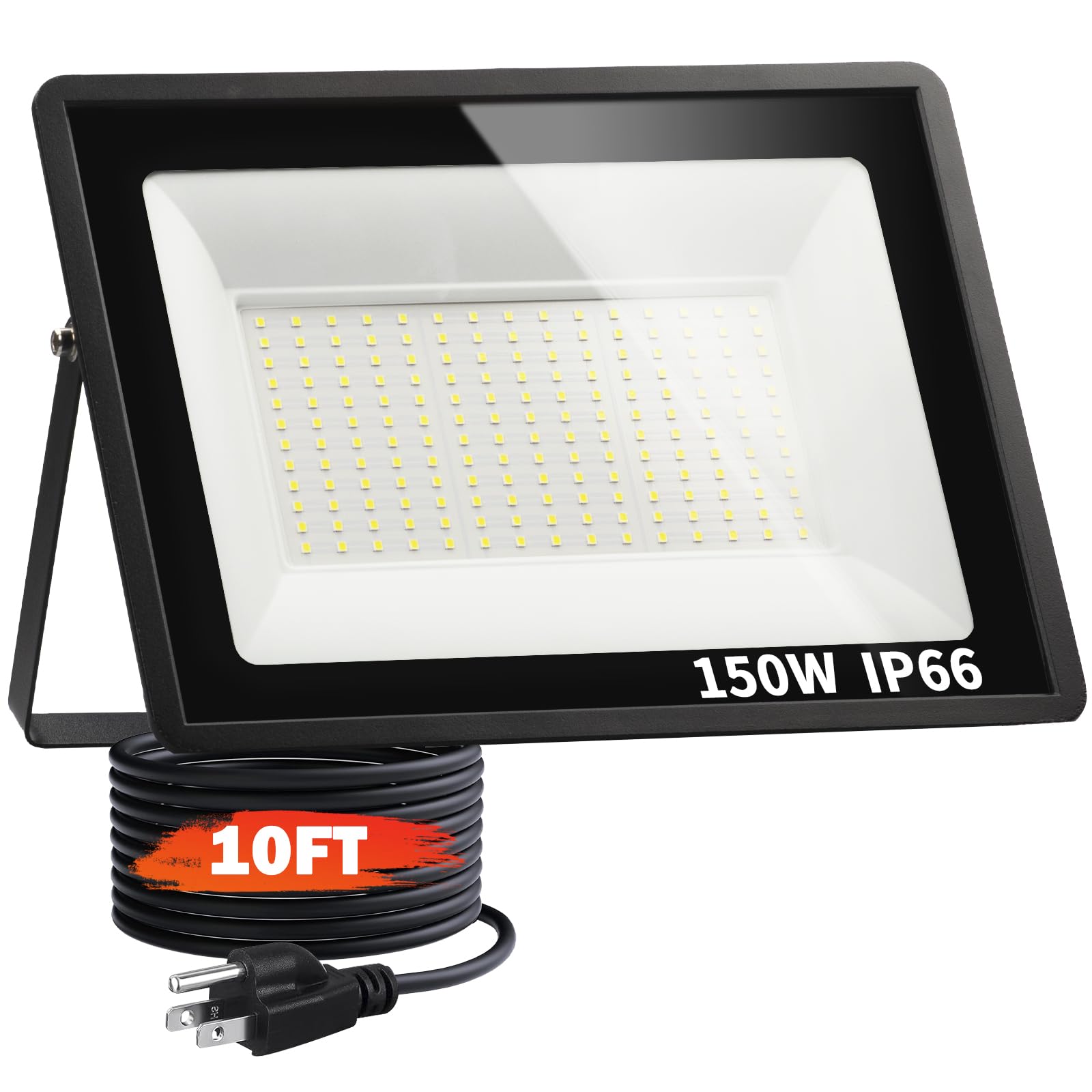 150W Flood Lights Outdoor 21000lm Bright LED Work Light with 10ft Plug 5000K Daylight White Flood Lighting IP66