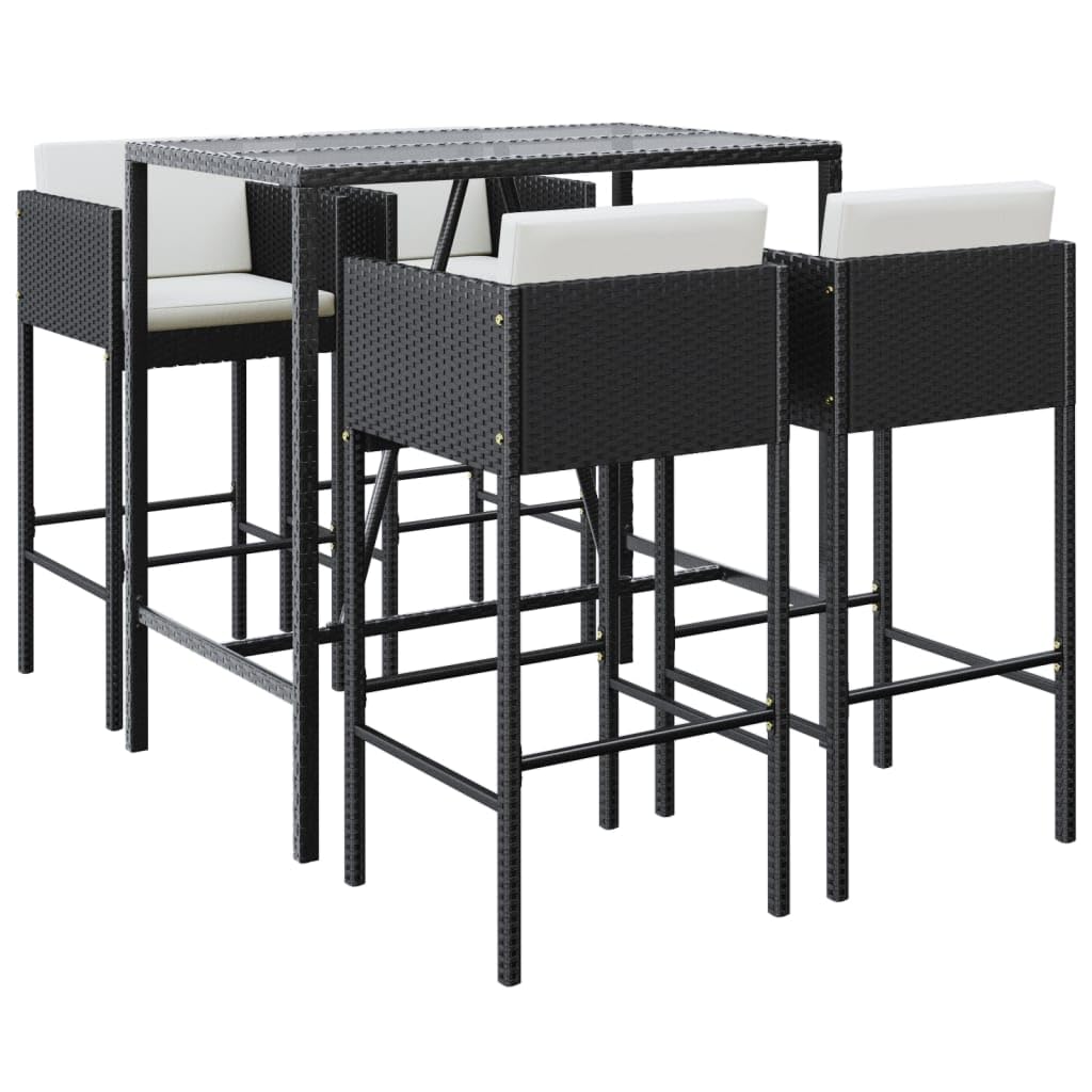 Ensemble de bar de jardin 5 pcs en poly rotin noir avec coussins de salon
